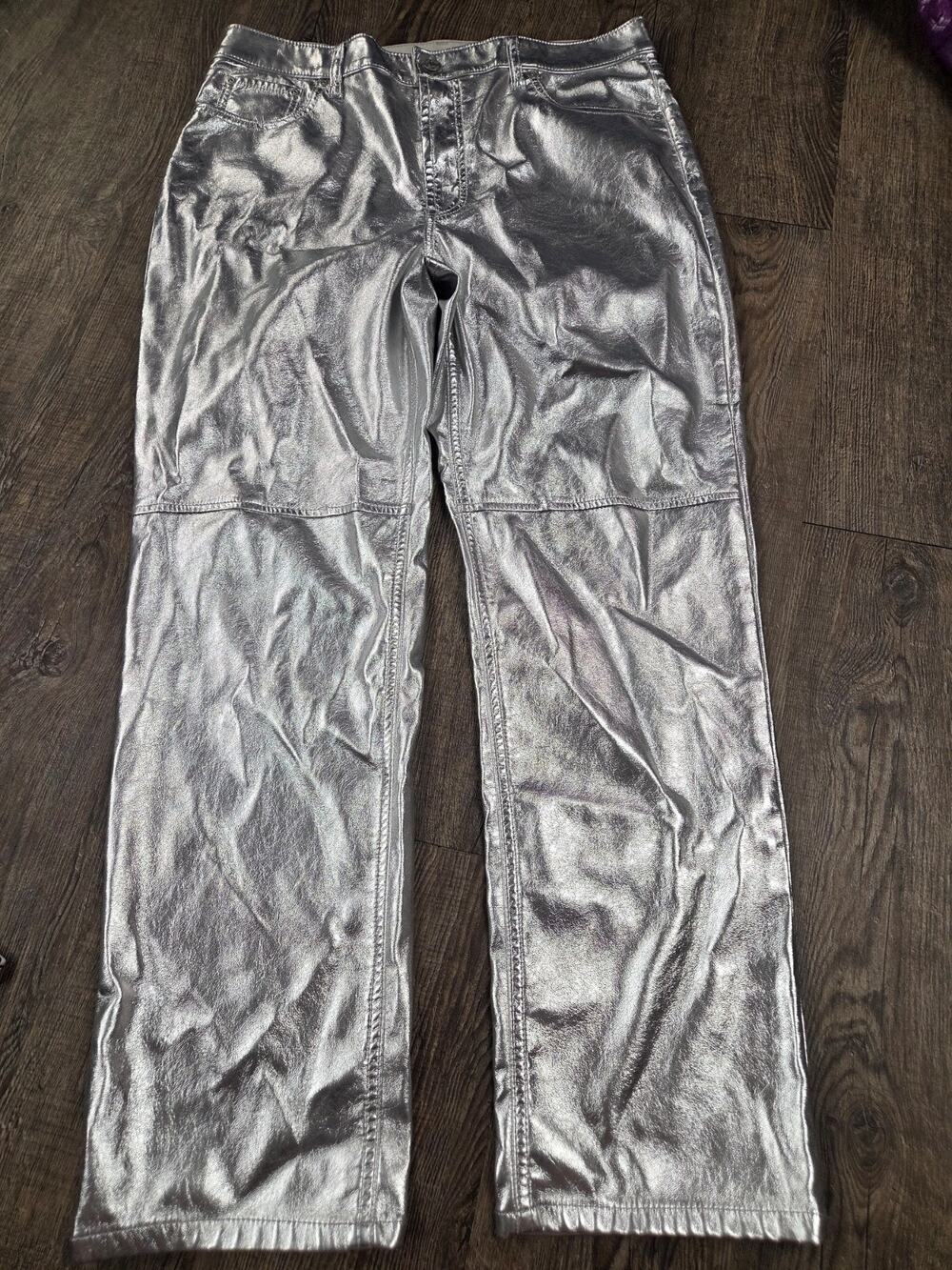 Gap High Rise Vegan Leather Cheeky Straight Pants, Metallic Silver 32/14 NEW - Picture 1 of 5